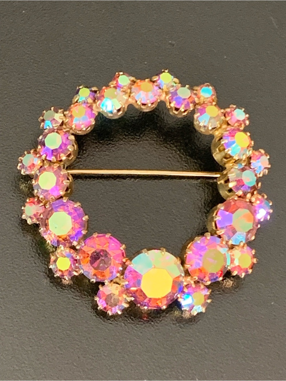 Vintage Signed KRAMER Pink Crystals Round Brooch